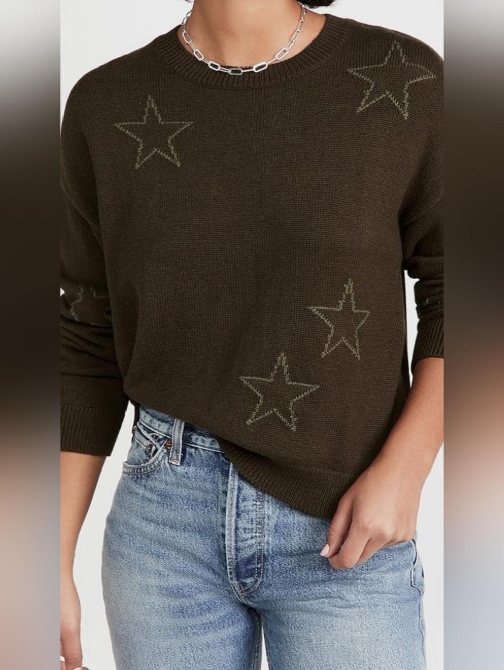 Rails Perci Olive Green Outlined Stars Sweater Size M Cotton Cashmere Crewneck